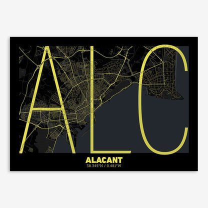The map of Alacant composed with letters in extra light font printed on black and yellow