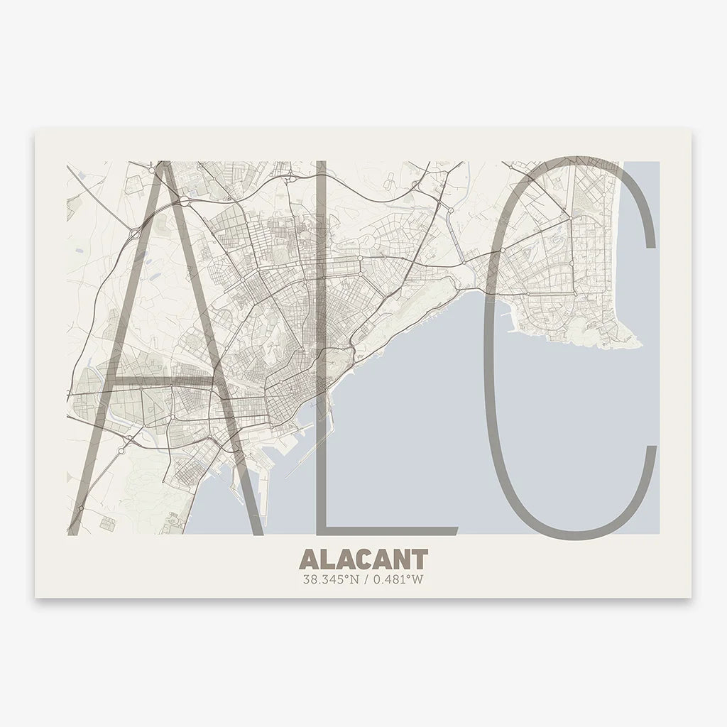 Poster of Alacant composed with letters in extra light font printed on light brown and an off-white background