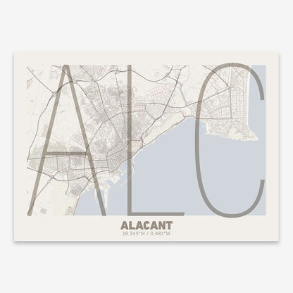 The map of Alacant composed with letters in extra light font printed on light brown and an off-white background