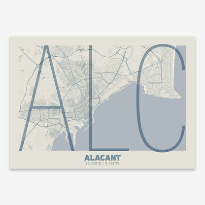 The map of Alacant composed with letters in extra light font printed on bluish gray and an off-white background