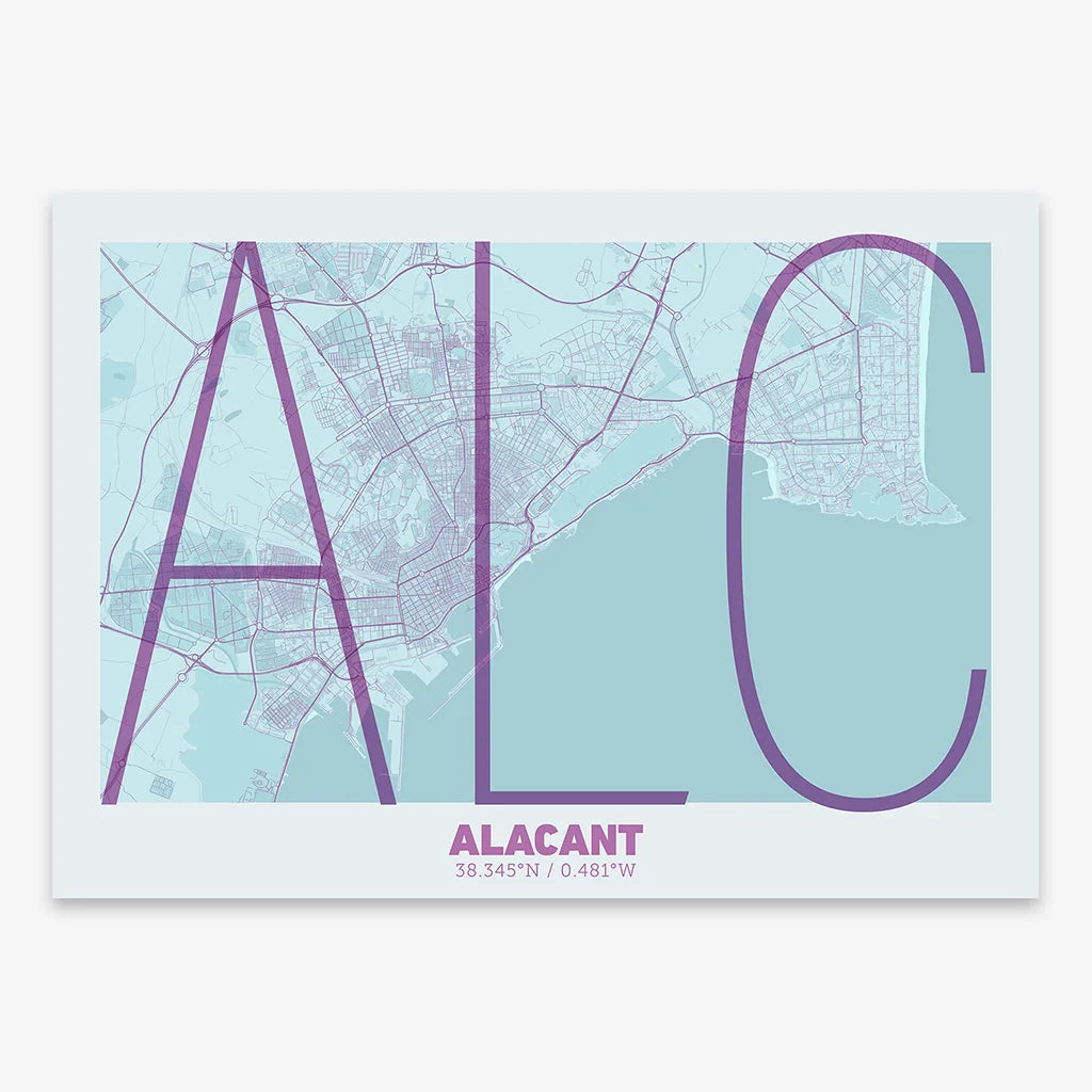 Poster of Alacant composed with letters in extra light font printed on purple and light blue