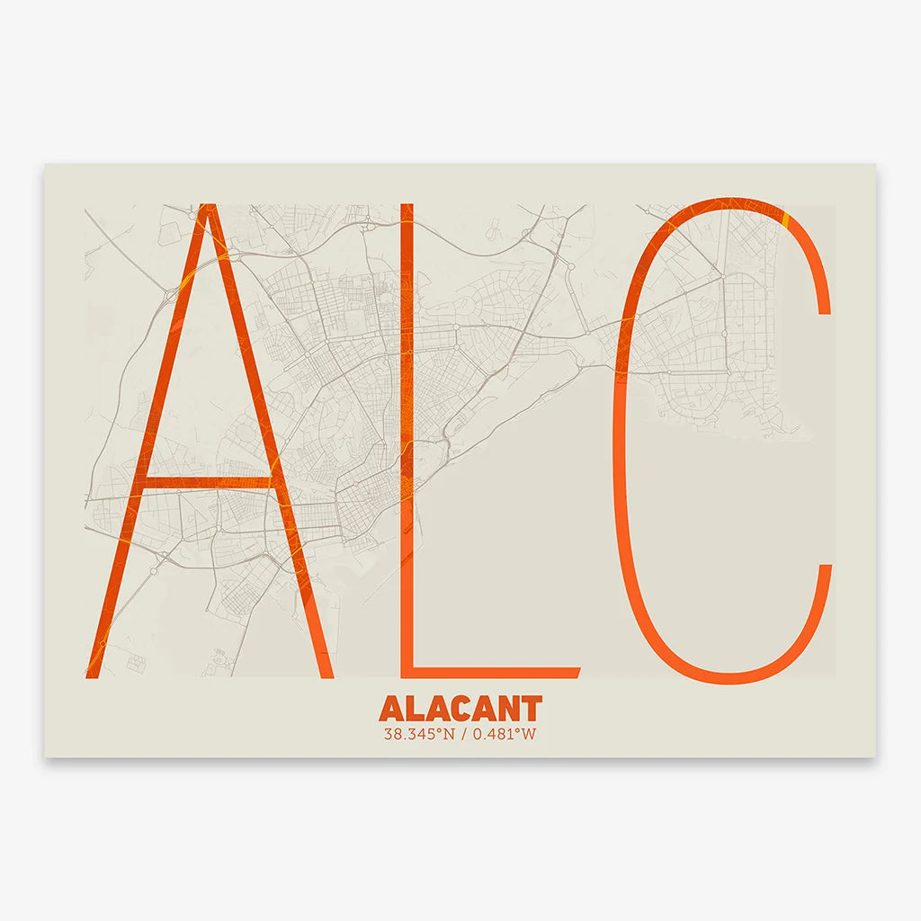 Poster of Alacant composed with letters in extra light font printed on orange and an off-white background