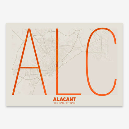 The map of Alacant composed with letters in extra light font printed on orange and an off-white background