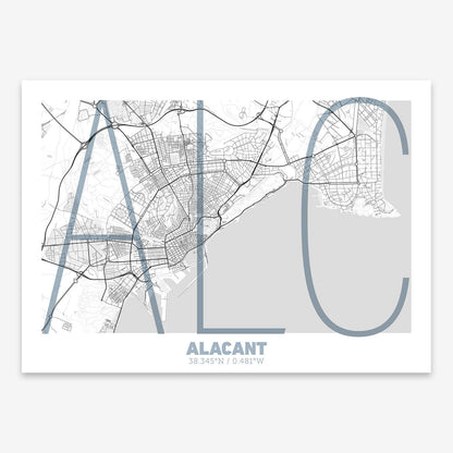The map of Alacant composed with letters in extra light font printed on black and white