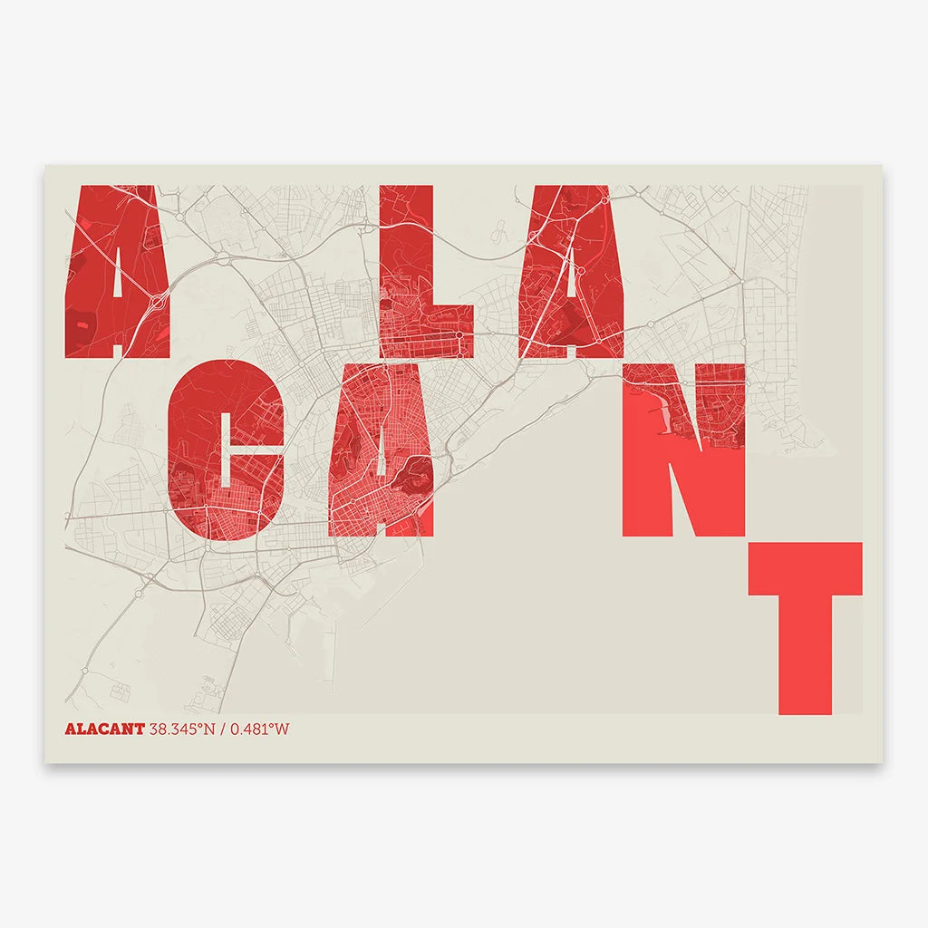 Decorative print of Alacant with letters of its name placed randomly, designed in red and an off-white background