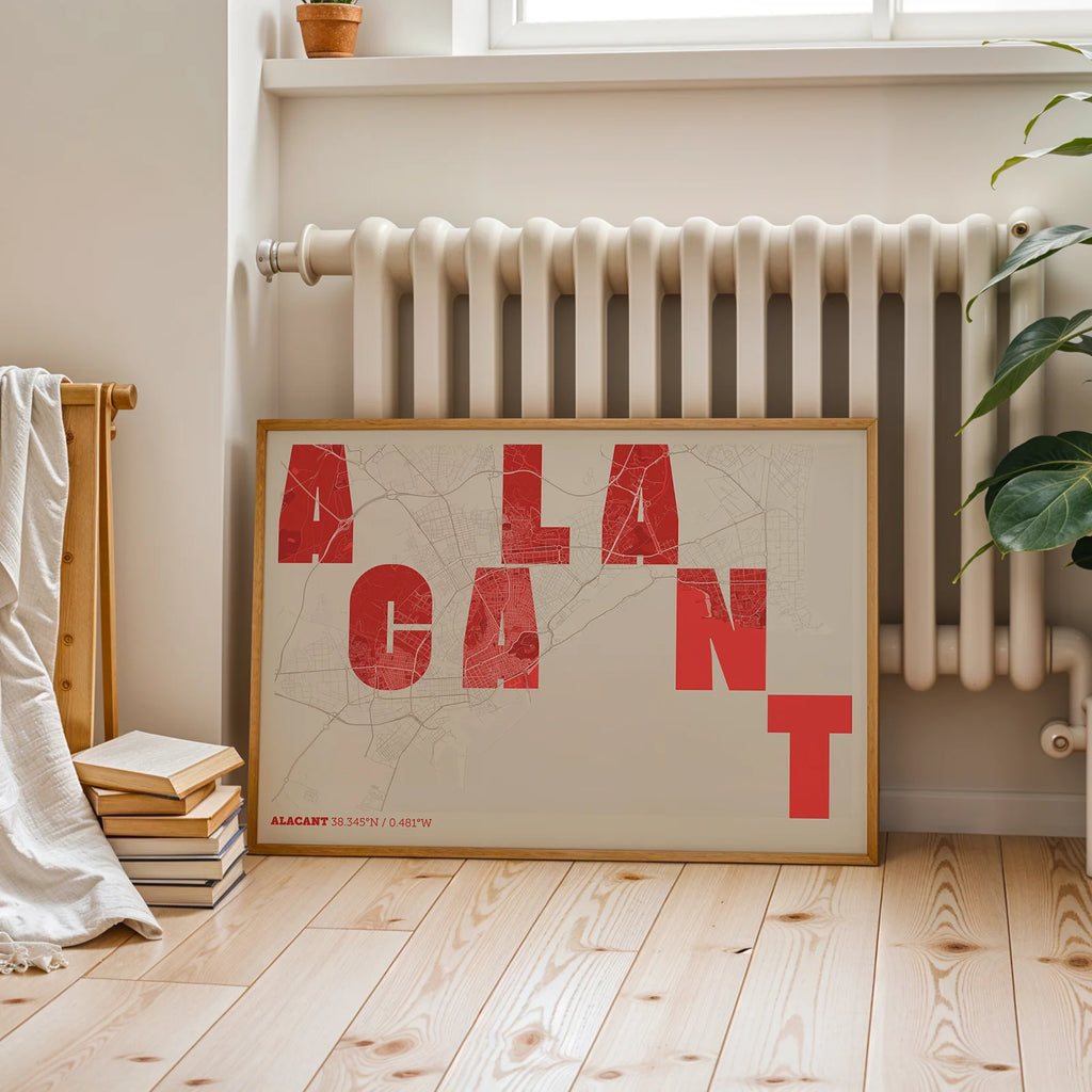 Modern interior design with a Alacant in Unruled design, where the city name letters appear randomly across different lines for a truly original urban layout designed in red and an off-white background, displayed on a living room wall