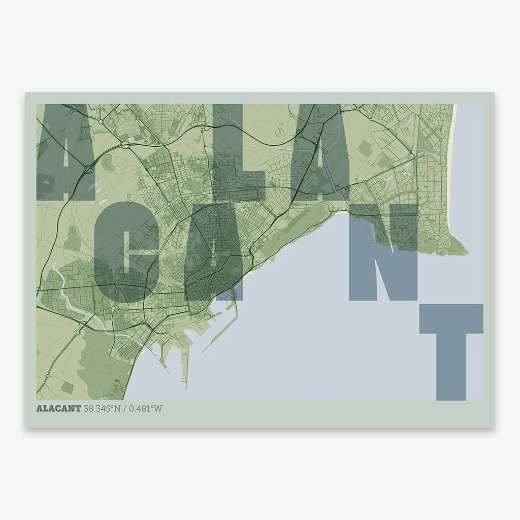 Decorative print of Alacant with letters of its name placed randomly, designed in two green tones