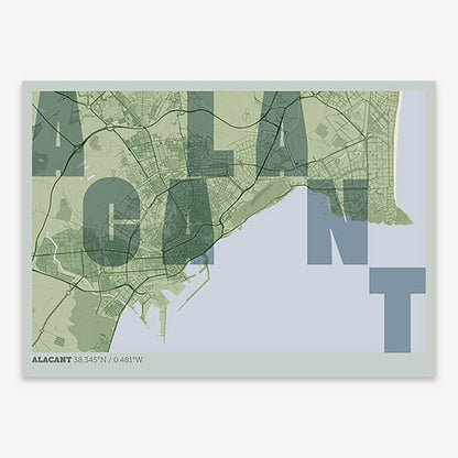 Decorative print of Alacant with letters of its name placed randomly, designed in two green tones