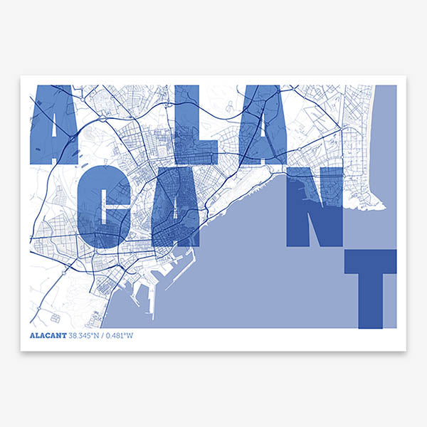 Decorative print of Alacant with letters of its name placed randomly, designed in navy blue and white