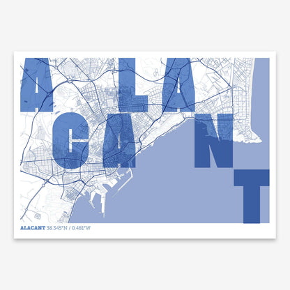 The map of Alacant with letters of its name placed randomly, designed in navy blue and white