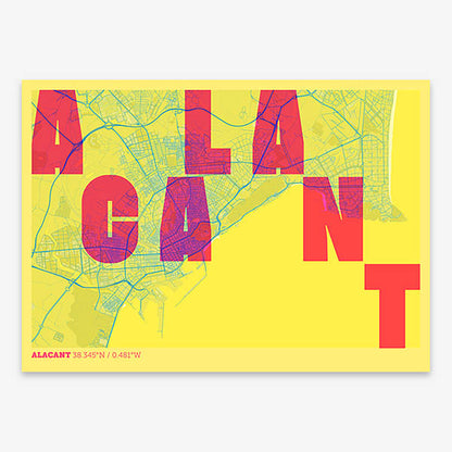 Decorative print of Alacant with letters of its name placed randomly, designed in yellow and fuchsia