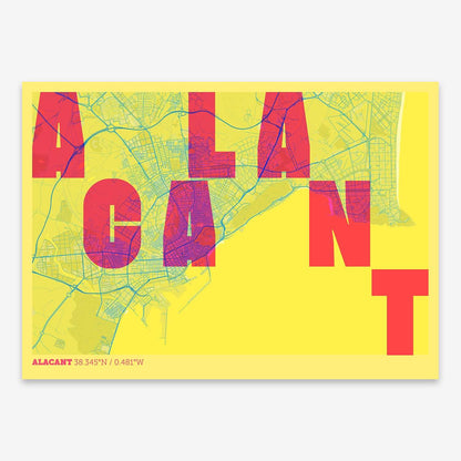 The map of Alacant with letters of its name placed randomly, designed in yellow and fuchsia