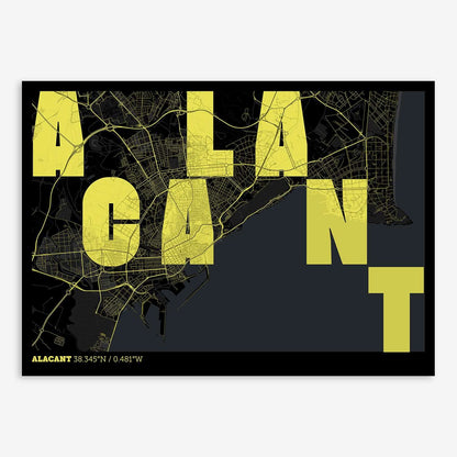 The map of Alacant with letters of its name placed randomly, designed in black and yellow
