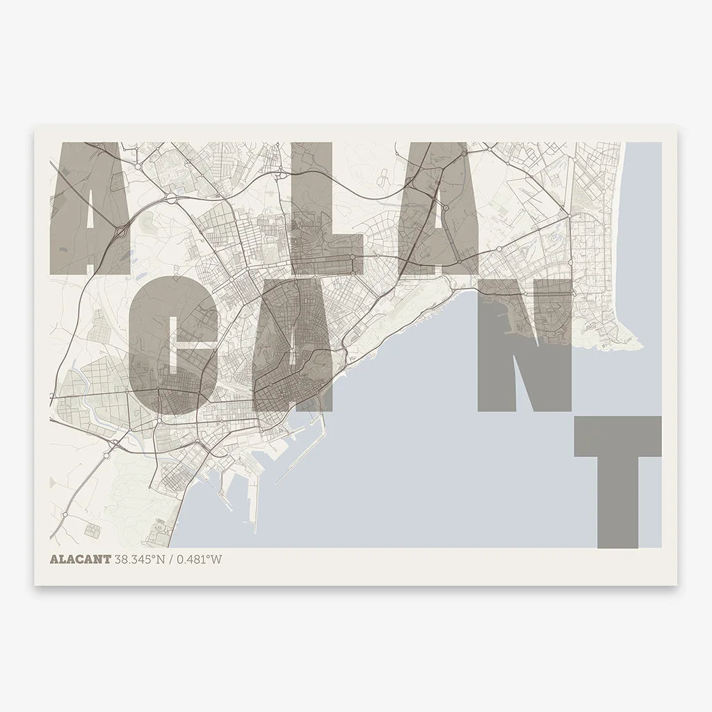 Decorative print of Alacant with letters of its name placed randomly, designed in light brown and an off-white background