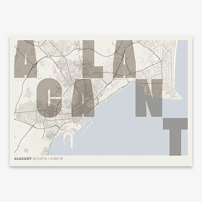 Decorative print of Alacant with letters of its name placed randomly, designed in light brown and an off-white background