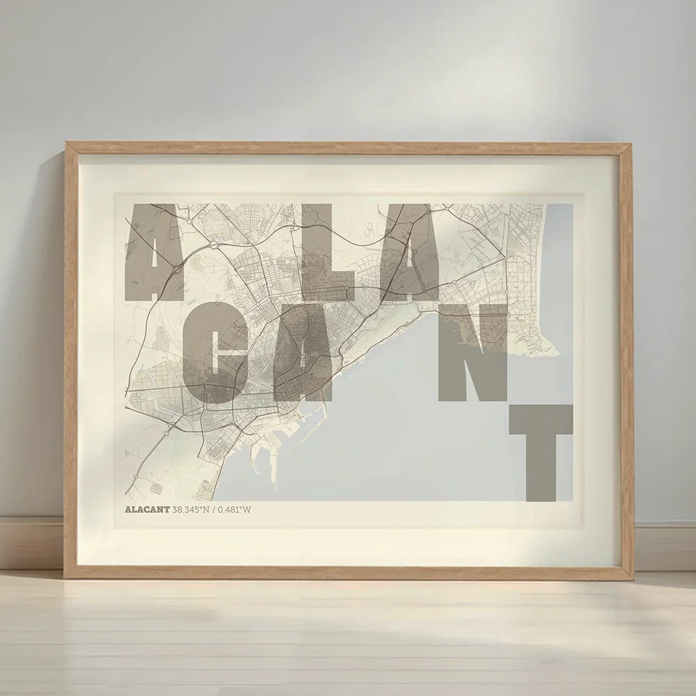 Framed Alacant in Unruled design, where the city name letters appear randomly across different lines for a truly original urban layout designed in light brown and an off-white background with a white margin border in a warm lit minimalist setting