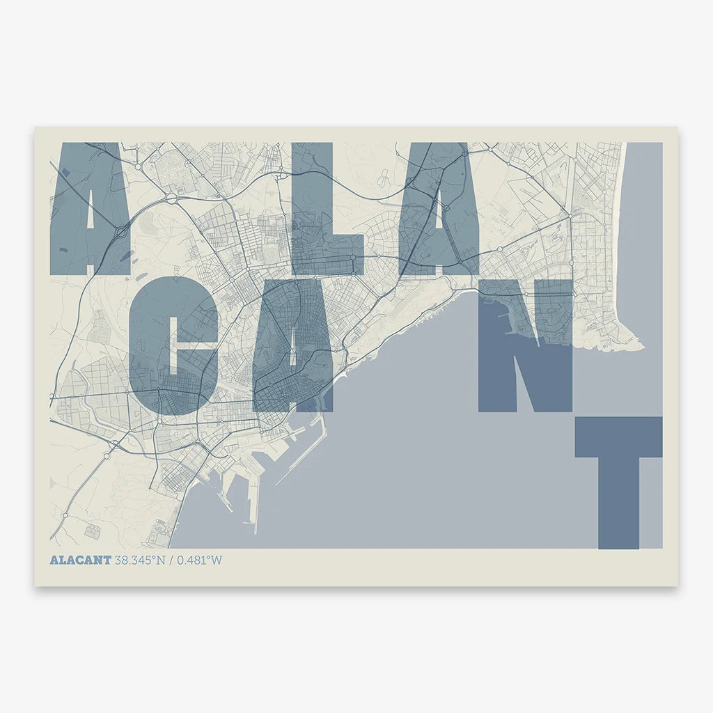 Decorative print of Alacant with letters of its name placed randomly, designed in bluish gray and an off-white background
