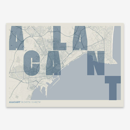 The map of Alacant with letters of its name placed randomly, designed in bluish gray and an off-white background
