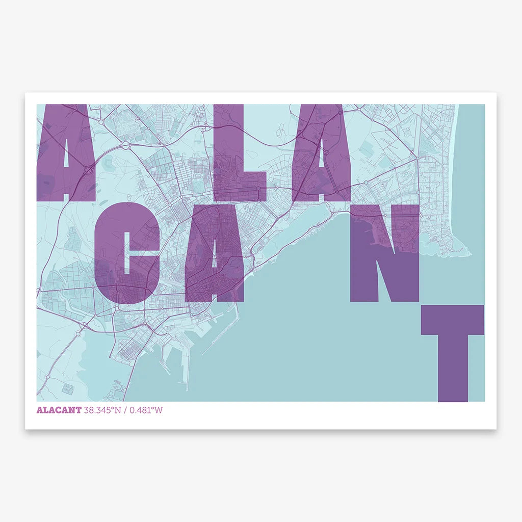 Decorative print of Alacant with letters of its name placed randomly, designed in purple and light blue