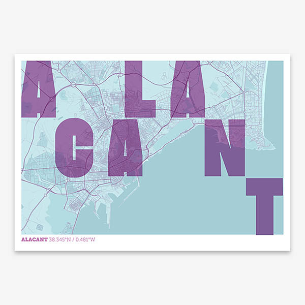 Decorative print of Alacant with letters of its name placed randomly, designed in purple and light blue