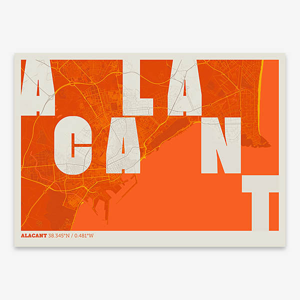 Decorative print of Alacant with letters of its name placed randomly, designed in orange and an off-white background