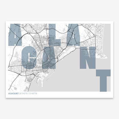 The map of Alacant with letters of its name placed randomly, designed in black and white