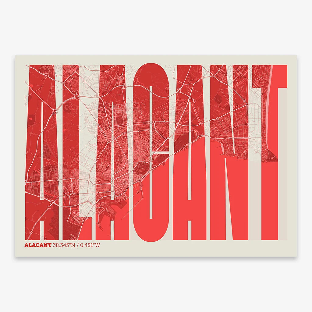Decorative map of Alacant and letters of its name in a giclée print designed in red and an off-white background