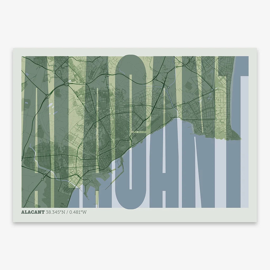 Decorative map of Alacant and letters of its name in a giclée print designed in two green tones