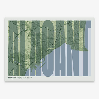 Decorative map of Alacant and letters of its name in a giclée print designed in two green tones