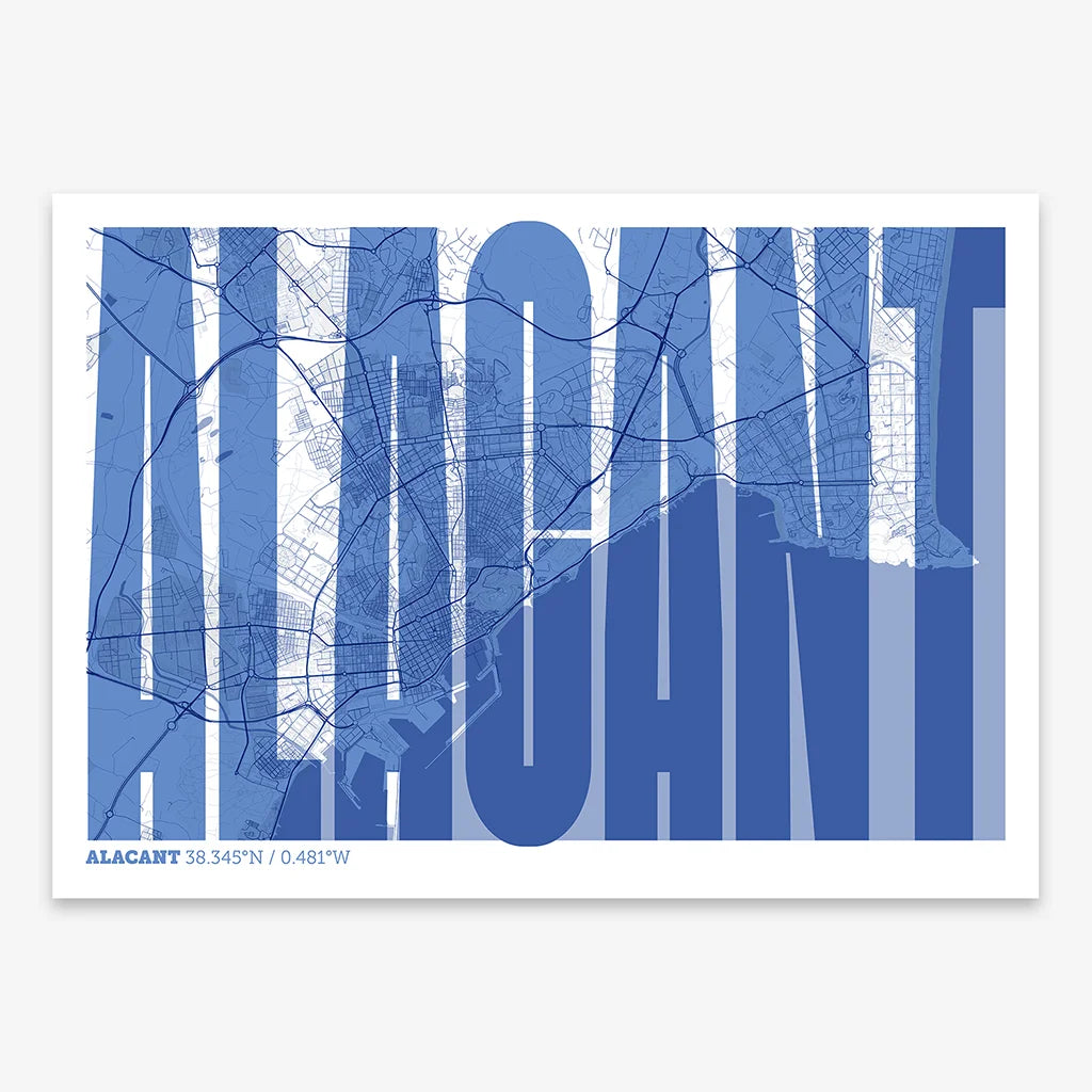 Decorative map of Alacant and letters of its name in a giclée print designed in navy blue and white