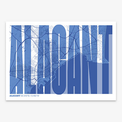 Decorative map of Alacant and letters of its name in a giclée print designed in navy blue and white