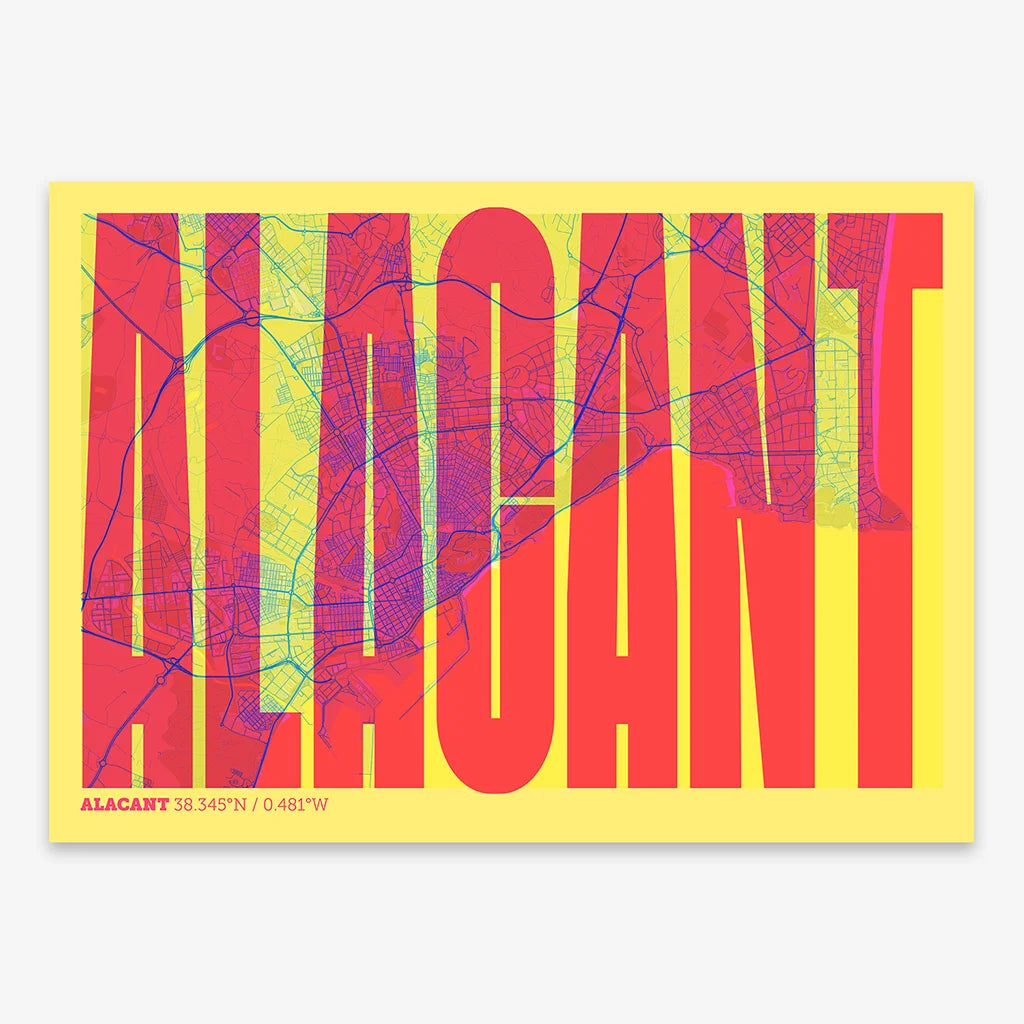 Decorative map of Alacant and letters of its name in a giclée print designed in yellow and fuchsia