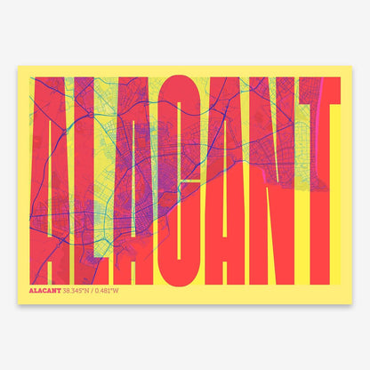 The map of Alacant and letters of its name in a giclée print designed in yellow and fuchsia