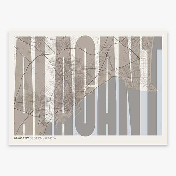 Decorative map of Alacant and letters of its name in a giclée print designed in light brown and an off-white background