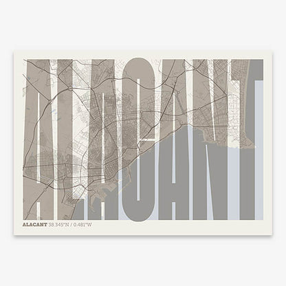 Decorative map of Alacant and letters of its name in a giclée print designed in light brown and an off-white background