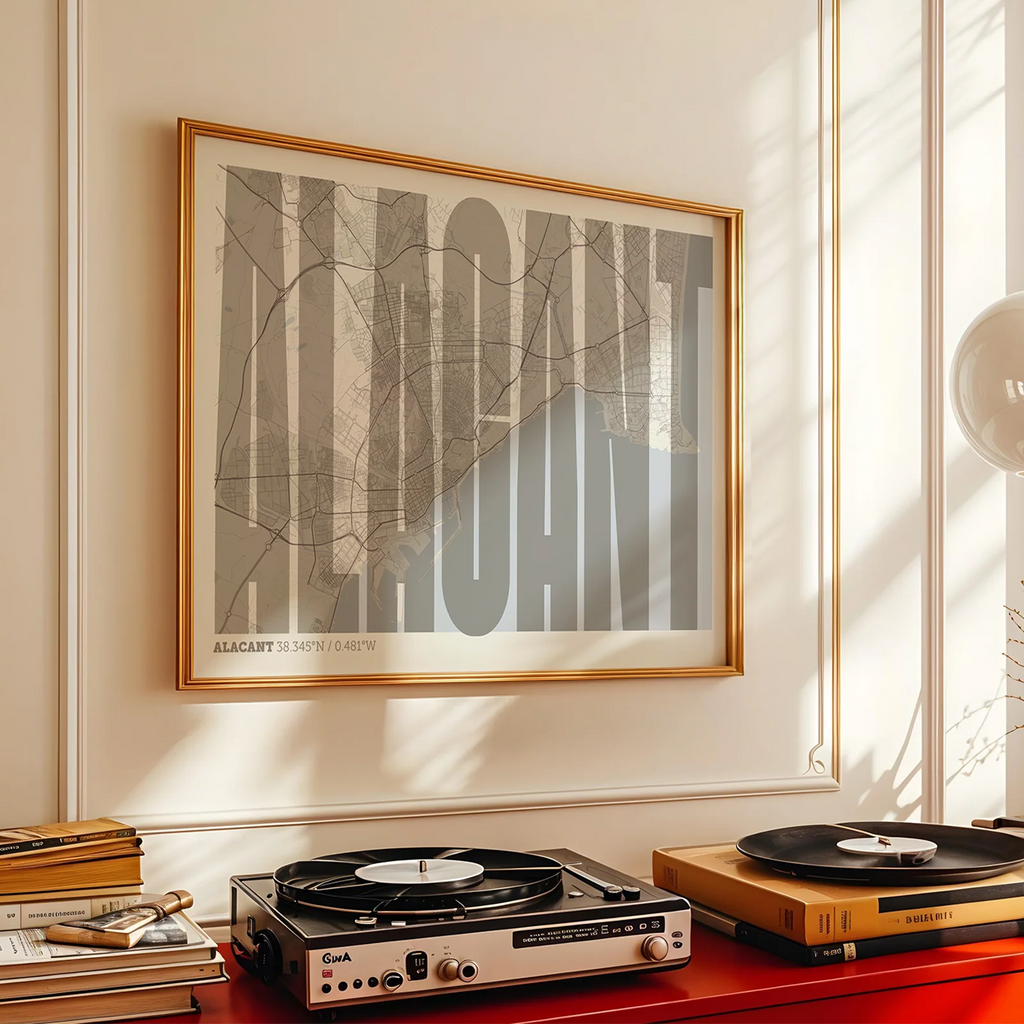 Modern interior design with a Alacant in Extra Compressed design, where the letters are tightly squeezed to fit the city's map shape designed in light brown and an off-white background, displayed on a living room wall