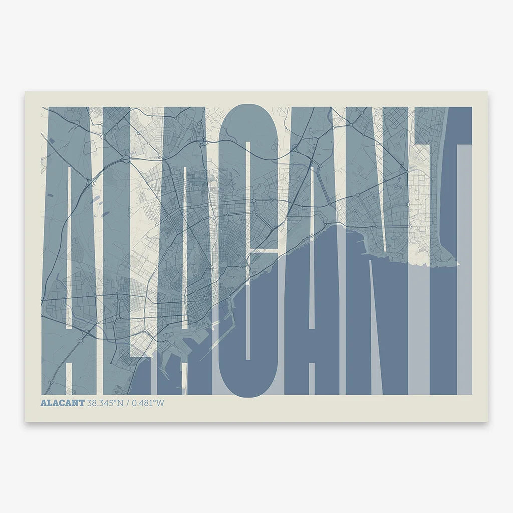 Decorative map of Alacant and letters of its name in a giclée print designed in bluish gray and an off-white background