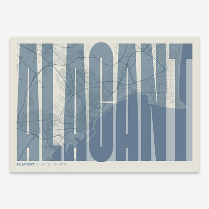 The map of Alacant and letters of its name in a giclée print designed in bluish gray and an off-white background