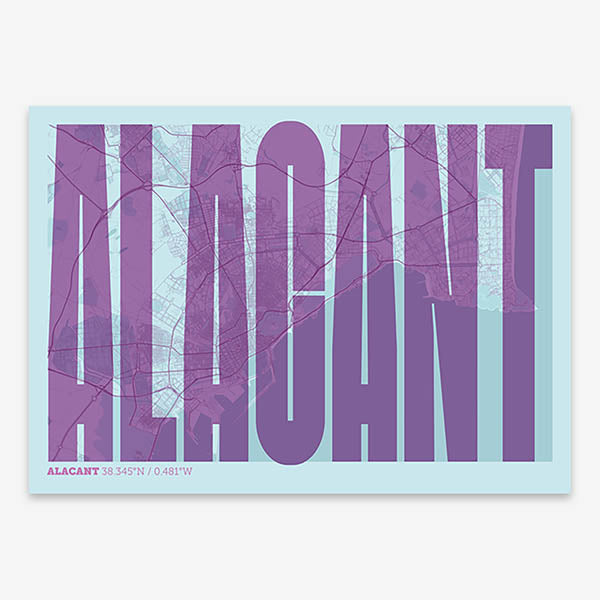 Decorative map of Alacant and letters of its name in a giclée print designed in purple and light blue