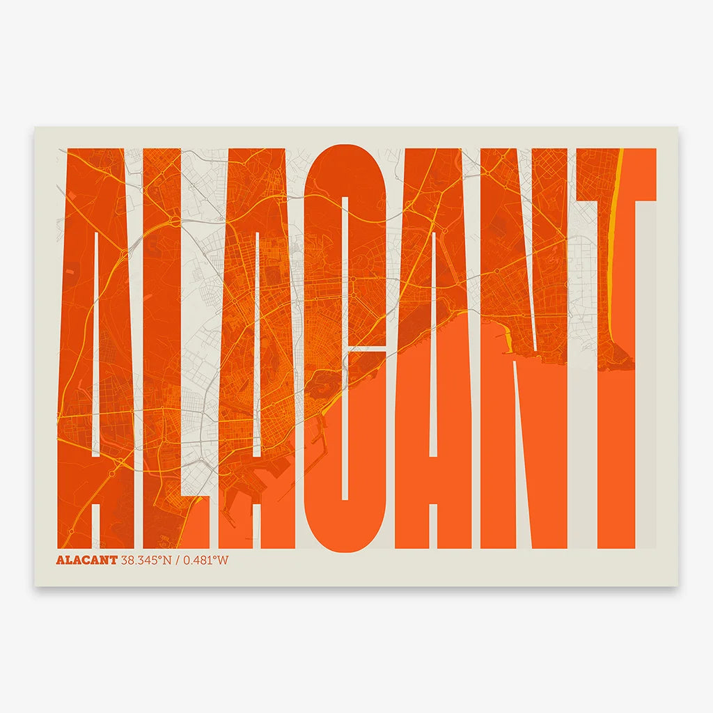 Decorative map of Alacant and letters of its name in a giclée print designed in orange and an off-white background