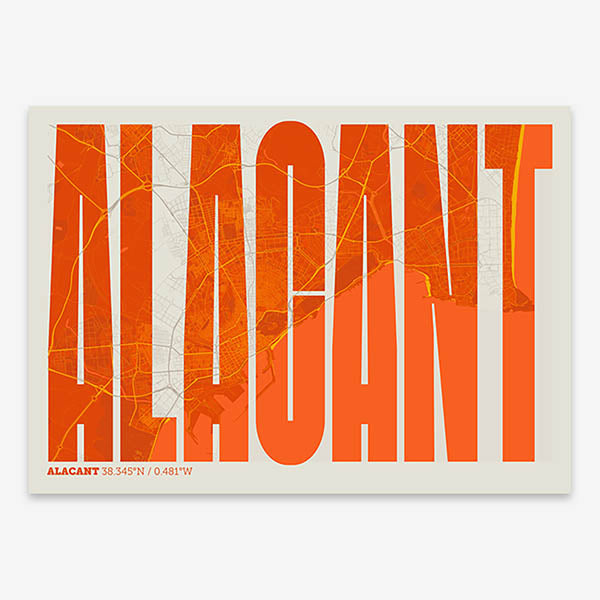 Decorative map of Alacant and letters of its name in a giclée print designed in orange and an off-white background