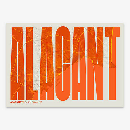 Decorative map of Alacant and letters of its name in a giclée print designed in orange and an off-white background