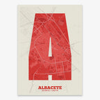 Mapa de Albacete en mi diseño la Súper Bold, un póster tipográfico donde el mapa de la ciudad se fusiona con una tipografía extra gruesa para un impacto visual moderno diseñado en rojo y fondo blanco roto