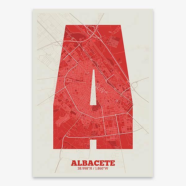 Decorative print of Albacete composed with letters in a heavy geometric font printed on red and an off-white background