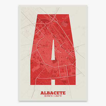 Decorative print of Albacete composed with letters in a heavy geometric font printed on red and an off-white background