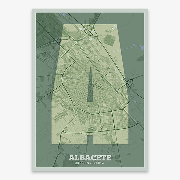 Decorative print of Albacete composed with letters in a heavy geometric font printed on two green tones