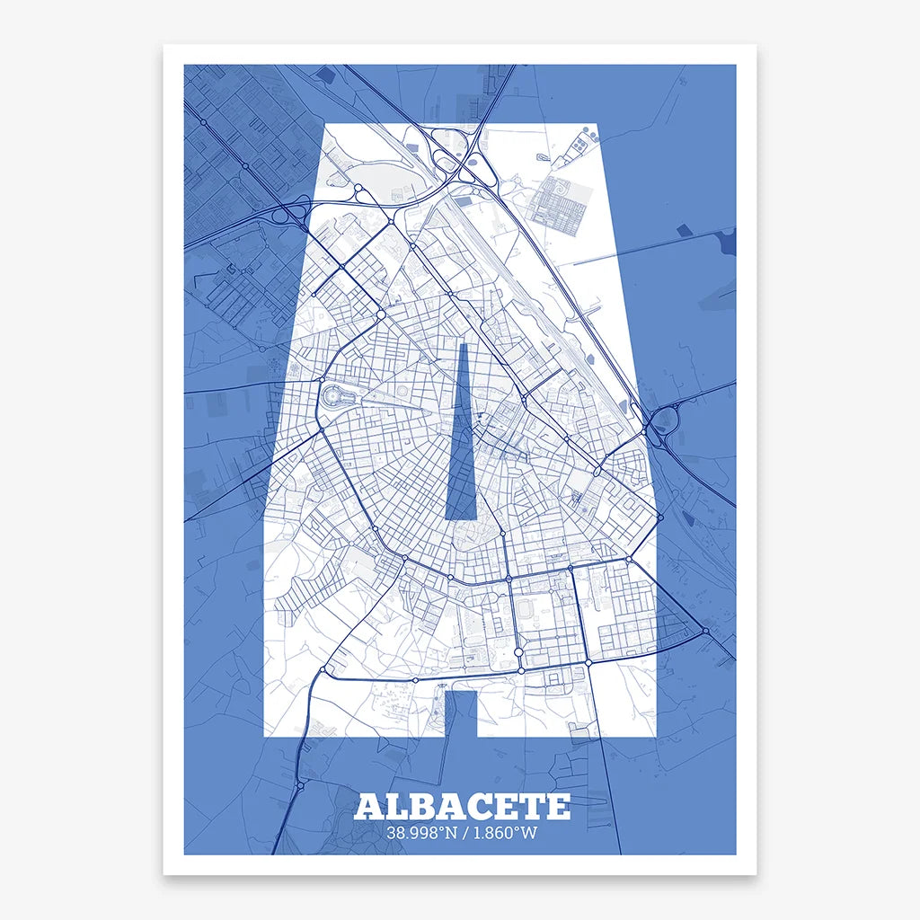 Decorative print of Albacete composed with letters in a heavy geometric font printed on navy blue and white