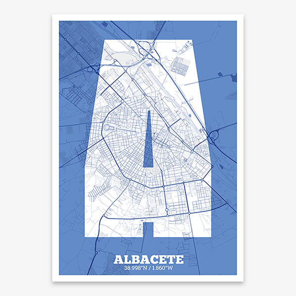 Decorative print of Albacete composed with letters in a heavy geometric font printed on navy blue and white