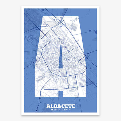 Decorative print of Albacete composed with letters in a heavy geometric font printed on navy blue and white