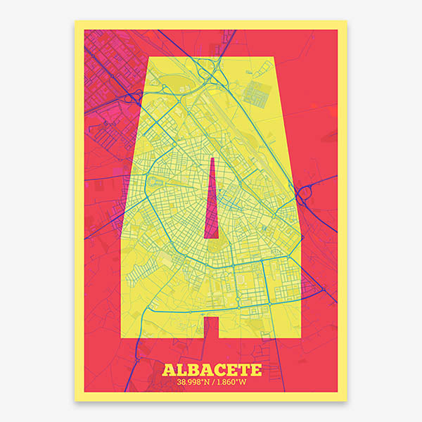 Decorative print of Albacete composed with letters in a heavy geometric font printed on yellow and fuchsia